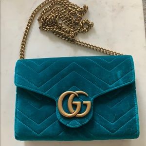 Gucci Marmont wallet on chain teal velvet .NEW